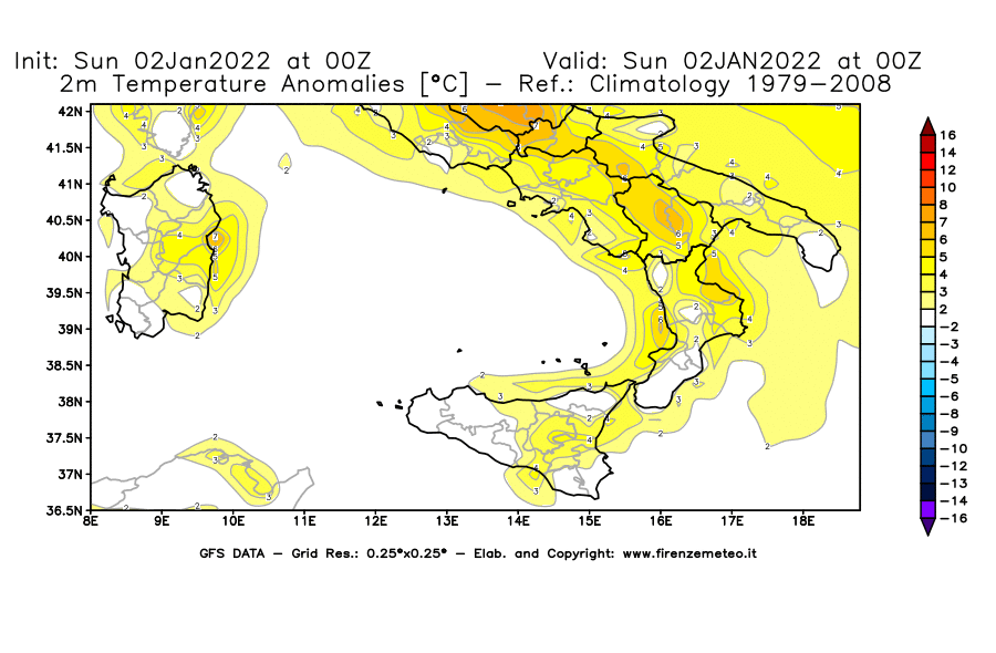 Mappa di analisi GFS - Anomalia Temperatura [°C] a 2 m in Sud-Italia
							del 02/01/2022 00 <!--googleoff: index-->UTC<!--googleon: index-->