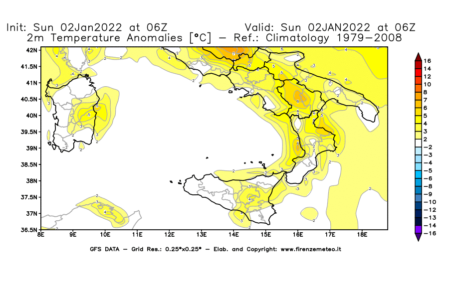 Mappa di analisi GFS - Anomalia Temperatura [°C] a 2 m in Sud-Italia
							del 02/01/2022 06 <!--googleoff: index-->UTC<!--googleon: index-->