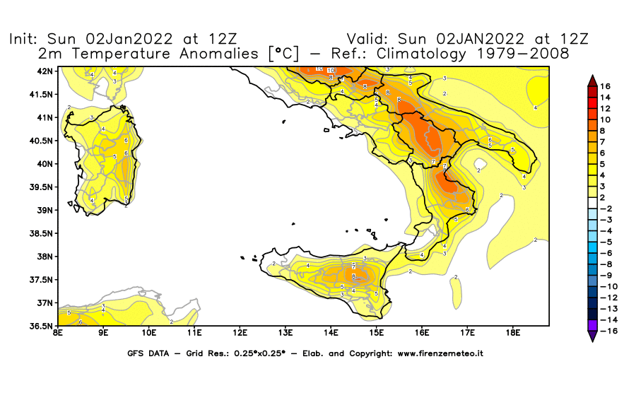 Mappa di analisi GFS - Anomalia Temperatura [°C] a 2 m in Sud-Italia
							del 02/01/2022 12 <!--googleoff: index-->UTC<!--googleon: index-->
