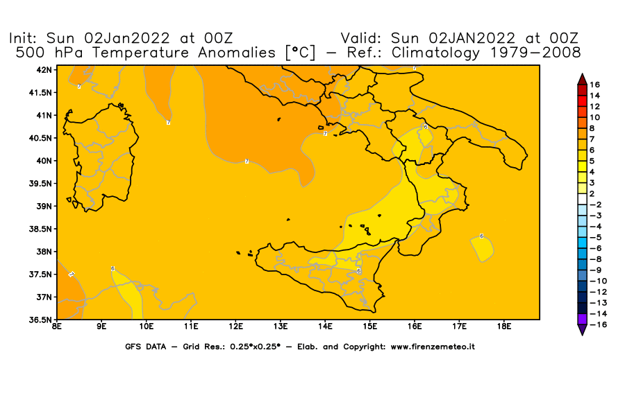 Mappa di analisi GFS - Anomalia Temperatura [°C] a 500 hPa in Sud-Italia
							del 02/01/2022 00 <!--googleoff: index-->UTC<!--googleon: index-->