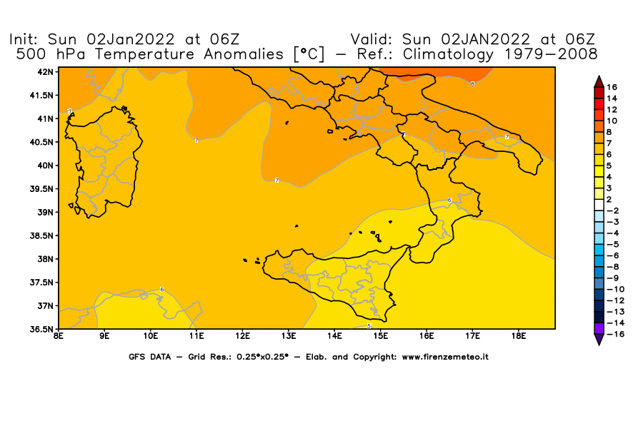 Mappa di analisi GFS - Anomalia Temperatura [°C] a 500 hPa in Sud-Italia
							del 02/01/2022 06 <!--googleoff: index-->UTC<!--googleon: index-->