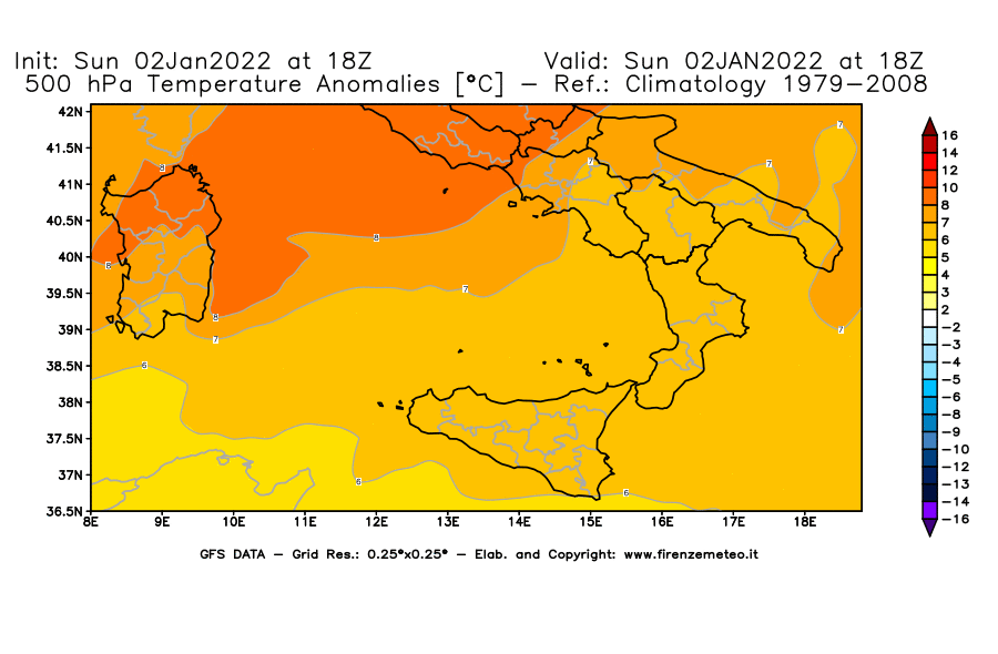 Mappa di analisi GFS - Anomalia Temperatura [°C] a 500 hPa in Sud-Italia
							del 02/01/2022 18 <!--googleoff: index-->UTC<!--googleon: index-->