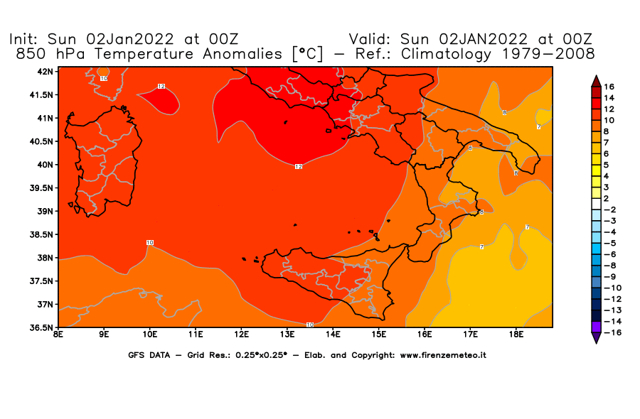 Mappa di analisi GFS - Anomalia Temperatura [°C] a 850 hPa in Sud-Italia
							del 02/01/2022 00 <!--googleoff: index-->UTC<!--googleon: index-->