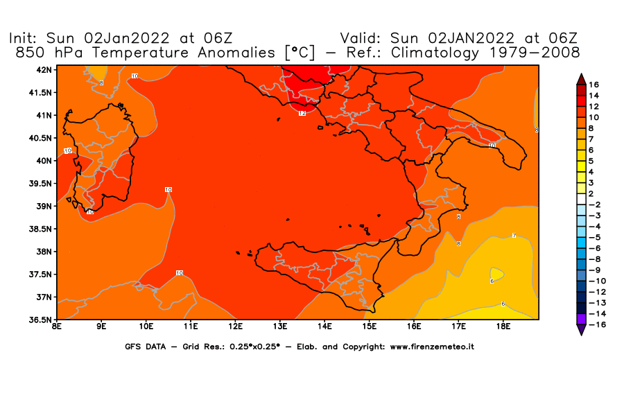 Mappa di analisi GFS - Anomalia Temperatura [°C] a 850 hPa in Sud-Italia
							del 02/01/2022 06 <!--googleoff: index-->UTC<!--googleon: index-->