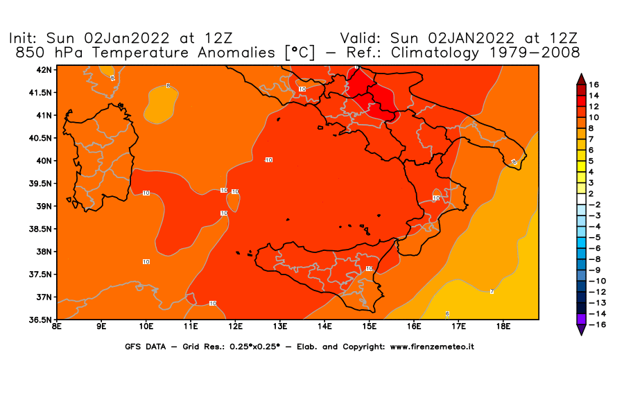 Mappa di analisi GFS - Anomalia Temperatura [°C] a 850 hPa in Sud-Italia
							del 02/01/2022 12 <!--googleoff: index-->UTC<!--googleon: index-->