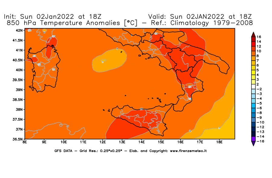 Mappa di analisi GFS - Anomalia Temperatura [°C] a 850 hPa in Sud-Italia
							del 02/01/2022 18 <!--googleoff: index-->UTC<!--googleon: index-->
