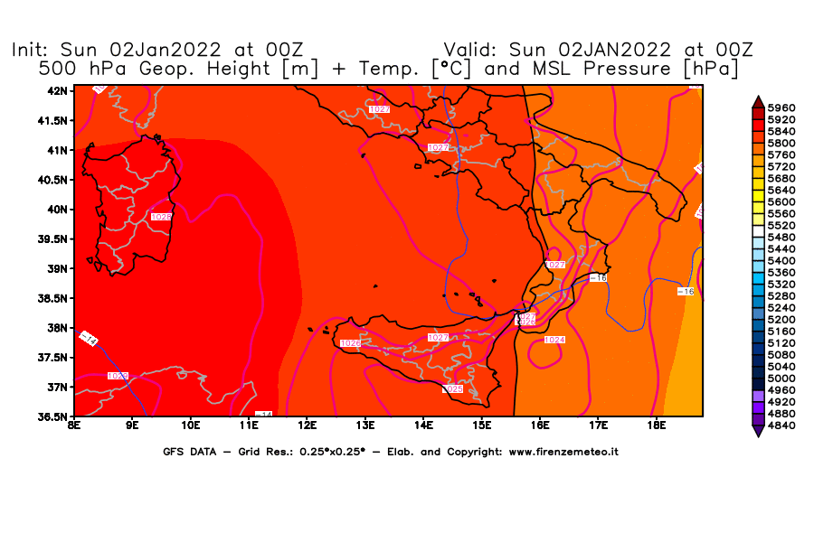 Mappa di analisi GFS - Geopotenziale [m] + Temp. [°C] a 500 hPa + Press. a livello del mare [hPa] in Sud-Italia
							del 02/01/2022 00 <!--googleoff: index-->UTC<!--googleon: index-->