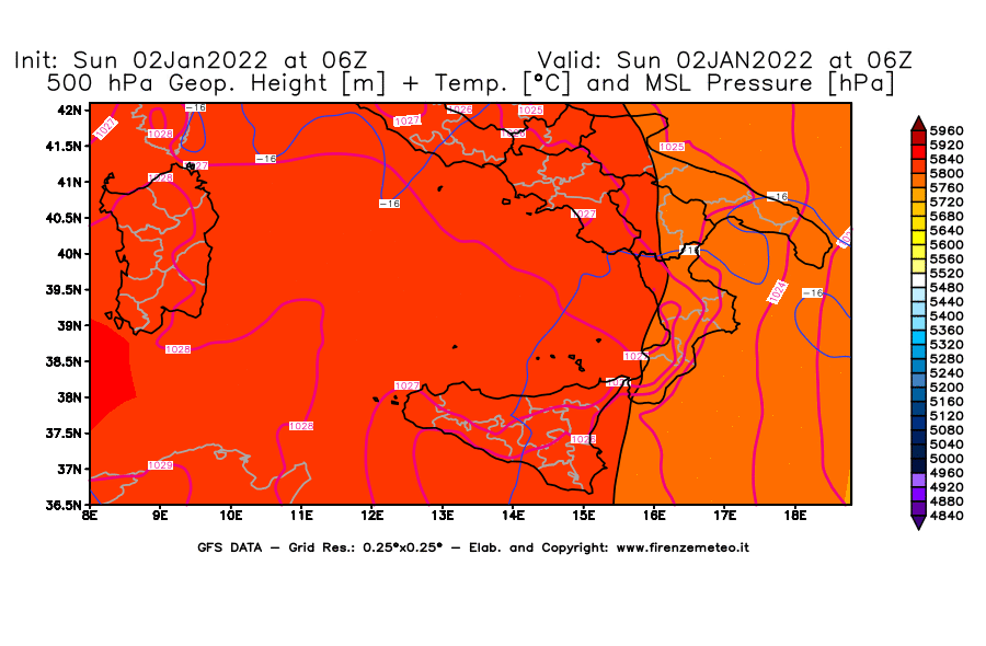 Mappa di analisi GFS - Geopotenziale [m] + Temp. [°C] a 500 hPa + Press. a livello del mare [hPa] in Sud-Italia
							del 02/01/2022 06 <!--googleoff: index-->UTC<!--googleon: index-->