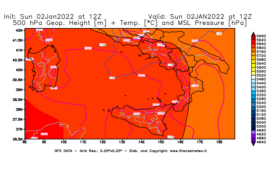 Mappa di analisi GFS - Geopotenziale [m] + Temp. [°C] a 500 hPa + Press. a livello del mare [hPa] in Sud-Italia
							del 02/01/2022 12 <!--googleoff: index-->UTC<!--googleon: index-->