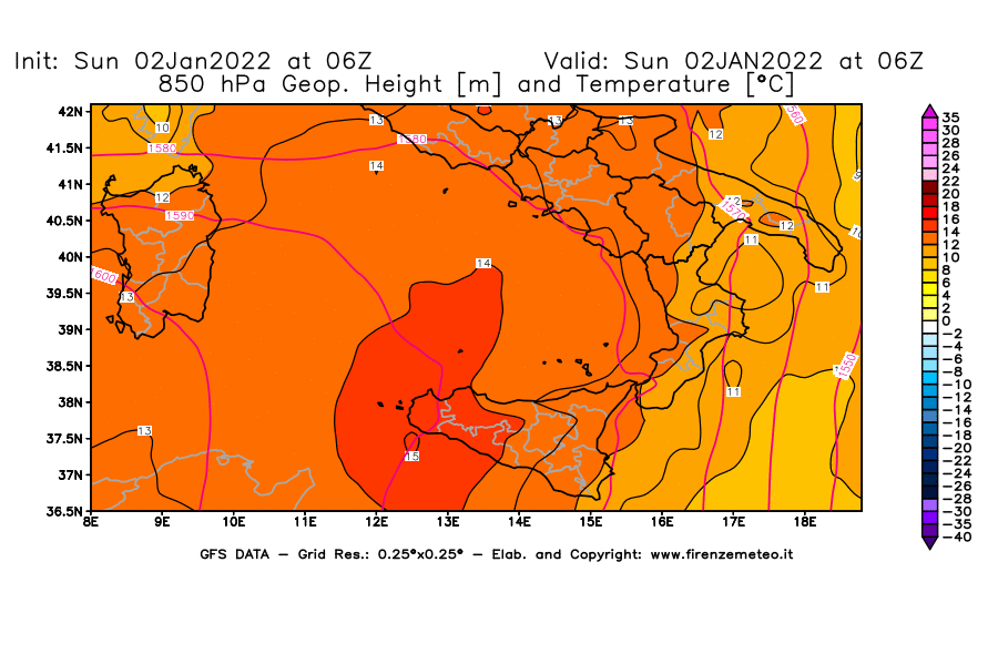 Mappa di analisi GFS - Geopotenziale [m] e Temperatura [°C] a 850 hPa in Sud-Italia
							del 02/01/2022 06 <!--googleoff: index-->UTC<!--googleon: index-->