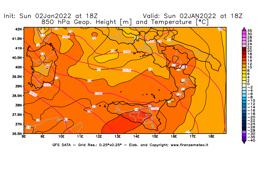 Mappa di analisi GFS - Geopotenziale [m] e Temperatura [°C] a 850 hPa in Sud-Italia
							del 02/01/2022 18 <!--googleoff: index-->UTC<!--googleon: index-->