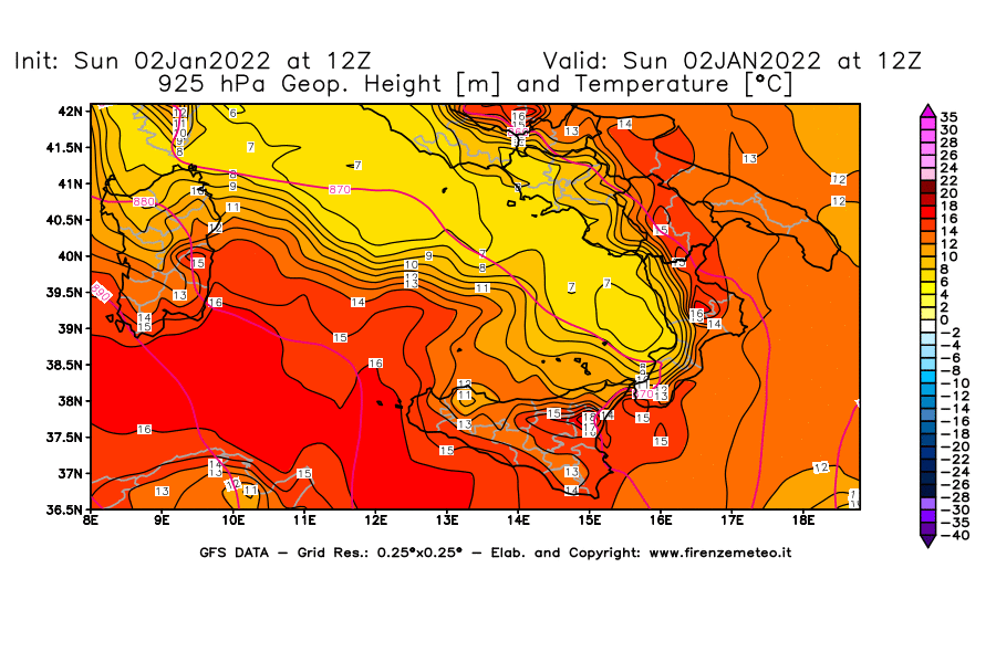 Mappa di analisi GFS - Geopotenziale [m] e Temperatura [°C] a 925 hPa in Sud-Italia
							del 02/01/2022 12 <!--googleoff: index-->UTC<!--googleon: index-->