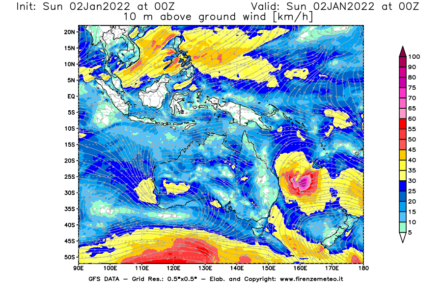 Mappa di analisi GFS - Velocità del vento a 10 metri dal suolo [km/h] in Oceania
							del 02/01/2022 00 <!--googleoff: index-->UTC<!--googleon: index-->
