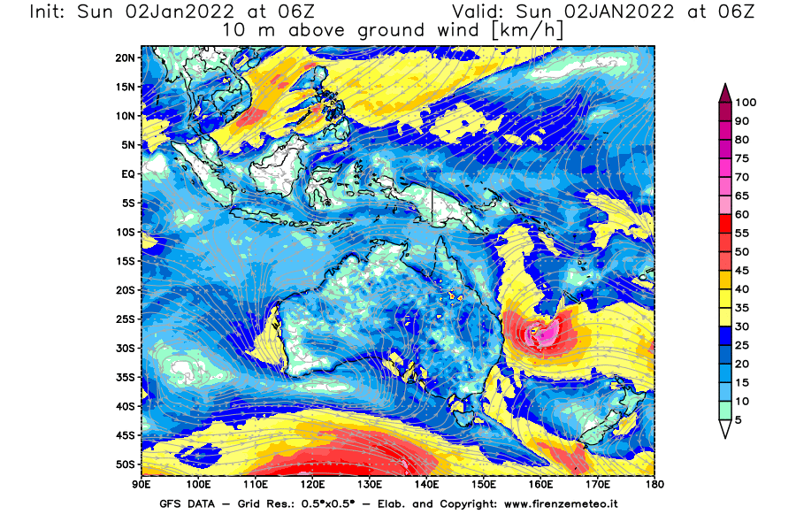 Mappa di analisi GFS - Velocità del vento a 10 metri dal suolo [km/h] in Oceania
							del 02/01/2022 06 <!--googleoff: index-->UTC<!--googleon: index-->