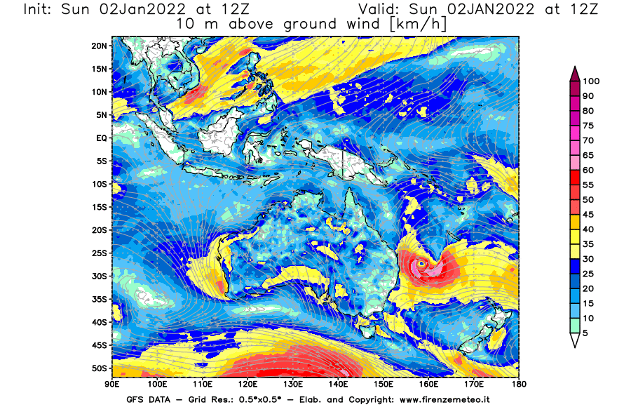 Mappa di analisi GFS - Velocità del vento a 10 metri dal suolo [km/h] in Oceania
							del 02/01/2022 12 <!--googleoff: index-->UTC<!--googleon: index-->