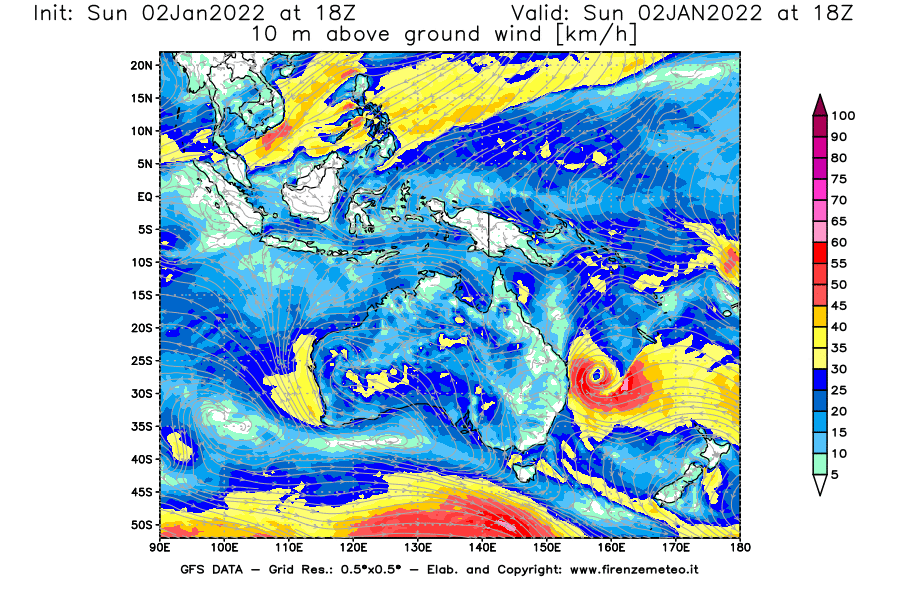 Mappa di analisi GFS - Velocità del vento a 10 metri dal suolo [km/h] in Oceania
							del 02/01/2022 18 <!--googleoff: index-->UTC<!--googleon: index-->
