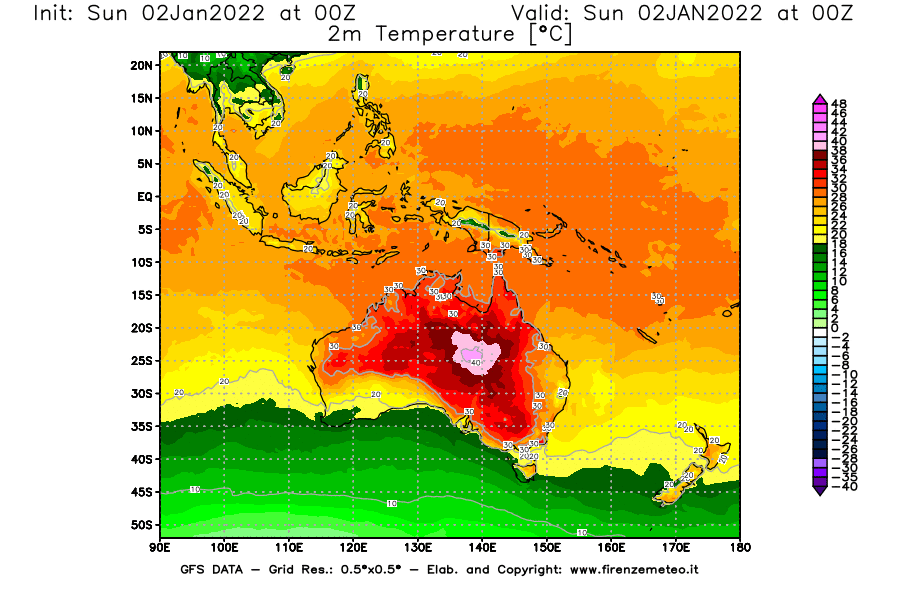 Mappa di analisi GFS - Temperatura a 2 metri dal suolo [°C] in Oceania
							del 02/01/2022 00 <!--googleoff: index-->UTC<!--googleon: index-->