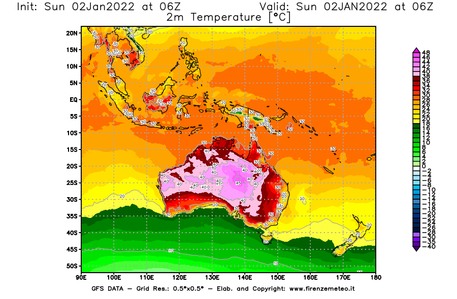 Mappa di analisi GFS - Temperatura a 2 metri dal suolo [°C] in Oceania
							del 02/01/2022 06 <!--googleoff: index-->UTC<!--googleon: index-->