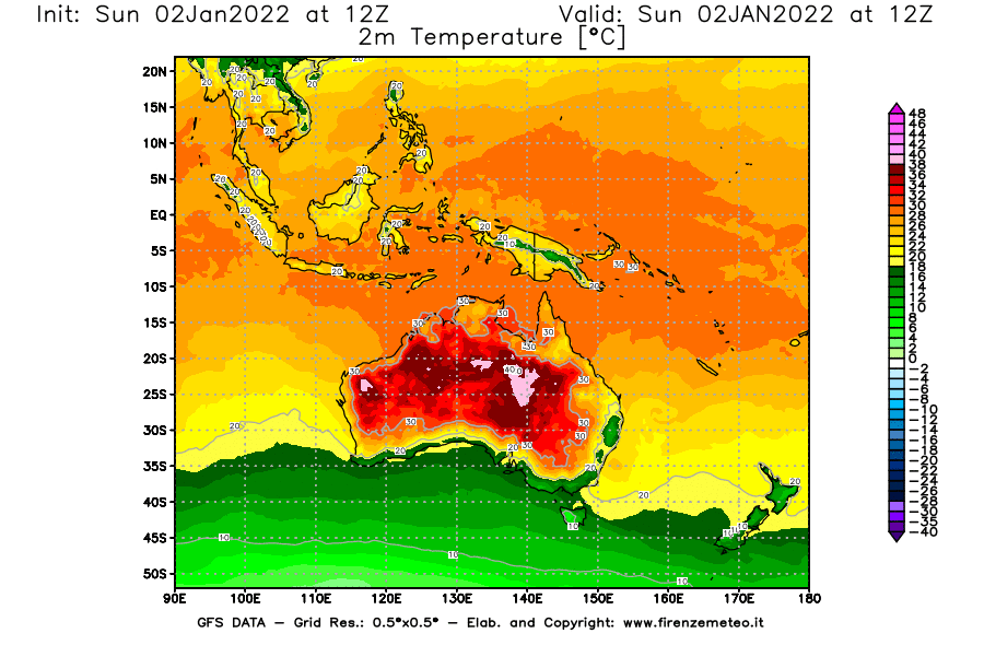 Mappa di analisi GFS - Temperatura a 2 metri dal suolo [°C] in Oceania
							del 02/01/2022 12 <!--googleoff: index-->UTC<!--googleon: index-->