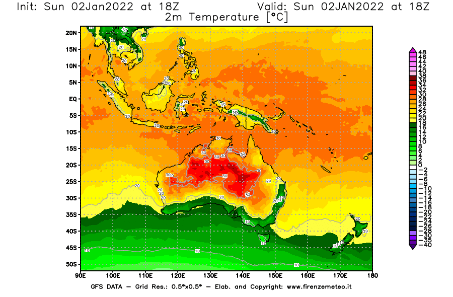 Mappa di analisi GFS - Temperatura a 2 metri dal suolo [°C] in Oceania
							del 02/01/2022 18 <!--googleoff: index-->UTC<!--googleon: index-->
