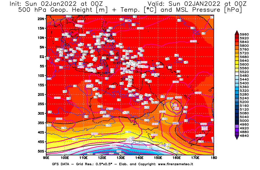 Mappa di analisi GFS - Geopotenziale [m] + Temp. [°C] a 500 hPa + Press. a livello del mare [hPa] in Oceania
							del 02/01/2022 00 <!--googleoff: index-->UTC<!--googleon: index-->