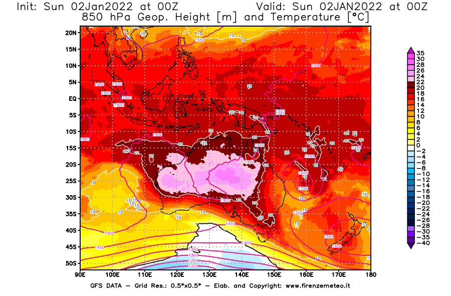 Mappa di analisi GFS - Geopotenziale [m] e Temperatura [°C] a 850 hPa in Oceania
							del 02/01/2022 00 <!--googleoff: index-->UTC<!--googleon: index-->