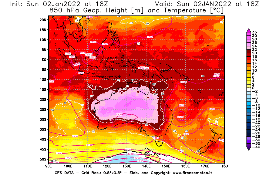 Mappa di analisi GFS - Geopotenziale [m] e Temperatura [°C] a 850 hPa in Oceania
							del 02/01/2022 18 <!--googleoff: index-->UTC<!--googleon: index-->