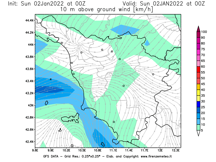 Mappa di analisi GFS - Velocità del vento a 10 metri dal suolo [km/h] in Toscana
							del 02/01/2022 00 <!--googleoff: index-->UTC<!--googleon: index-->