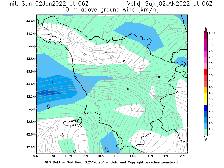 Mappa di analisi GFS - Velocità del vento a 10 metri dal suolo [km/h] in Toscana
							del 02/01/2022 06 <!--googleoff: index-->UTC<!--googleon: index-->