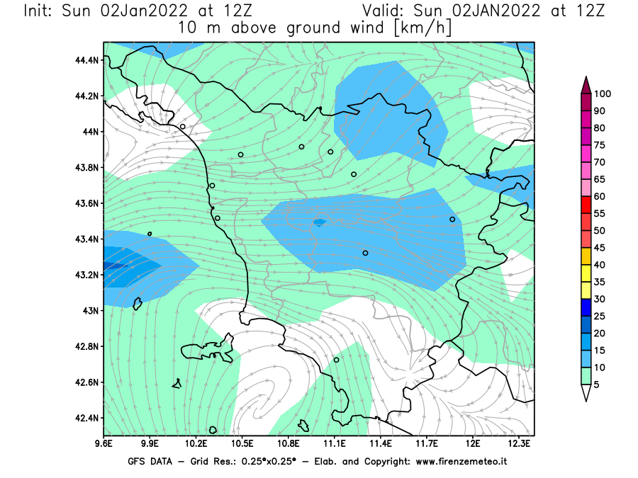 Mappa di analisi GFS - Velocità del vento a 10 metri dal suolo [km/h] in Toscana
							del 02/01/2022 12 <!--googleoff: index-->UTC<!--googleon: index-->