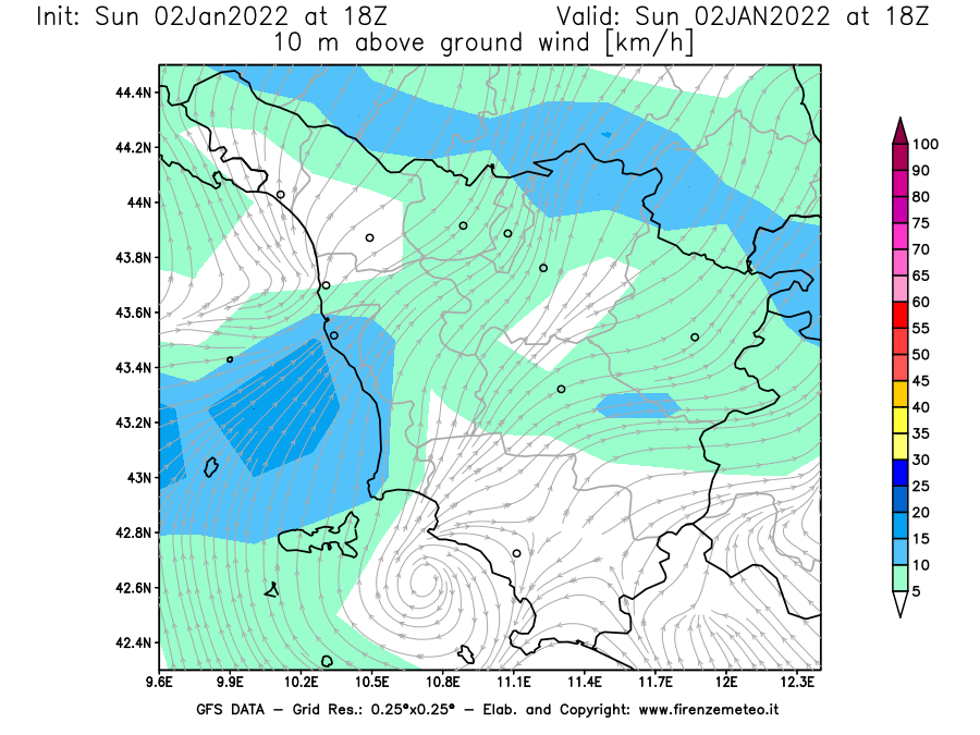 Mappa di analisi GFS - Velocità del vento a 10 metri dal suolo [km/h] in Toscana
							del 02/01/2022 18 <!--googleoff: index-->UTC<!--googleon: index-->