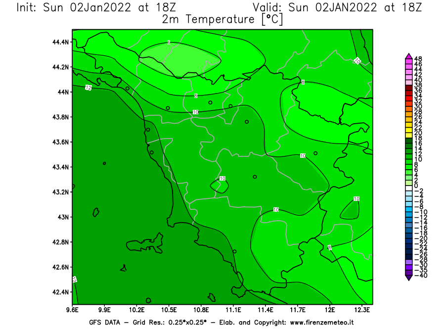 Mappa di analisi GFS - Temperatura a 2 metri dal suolo [°C] in Toscana
							del 02/01/2022 18 <!--googleoff: index-->UTC<!--googleon: index-->