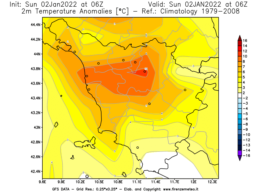 Mappa di analisi GFS - Anomalia Temperatura [°C] a 2 m in Toscana
							del 02/01/2022 06 <!--googleoff: index-->UTC<!--googleon: index-->
