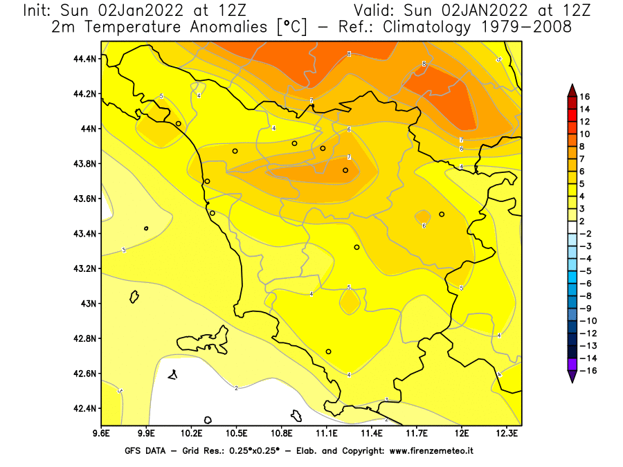 Mappa di analisi GFS - Anomalia Temperatura [°C] a 2 m in Toscana
							del 02/01/2022 12 <!--googleoff: index-->UTC<!--googleon: index-->