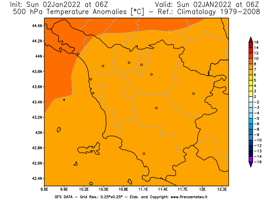 Mappa di analisi GFS - Anomalia Temperatura [°C] a 500 hPa in Toscana
							del 02/01/2022 06 <!--googleoff: index-->UTC<!--googleon: index-->
