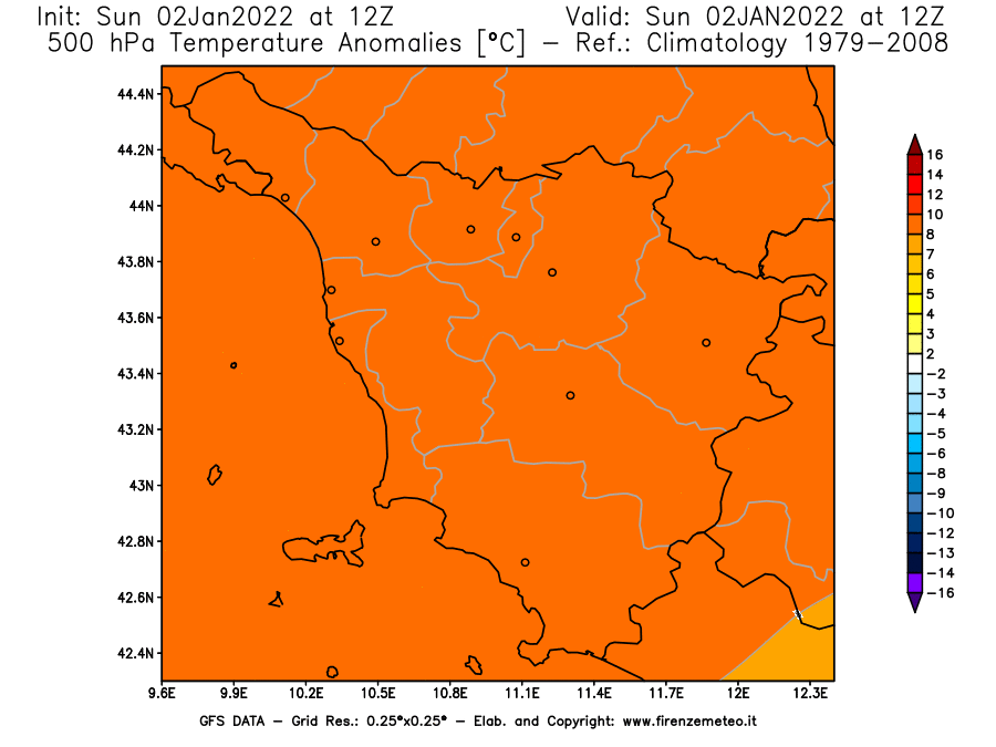 Mappa di analisi GFS - Anomalia Temperatura [°C] a 500 hPa in Toscana
							del 02/01/2022 12 <!--googleoff: index-->UTC<!--googleon: index-->