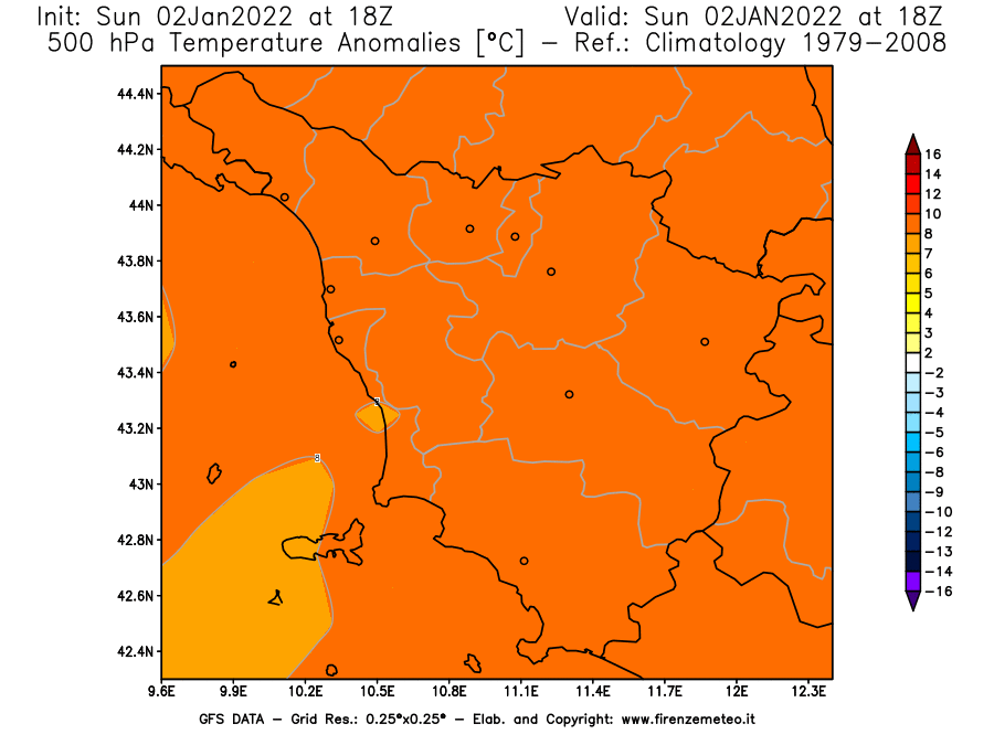 Mappa di analisi GFS - Anomalia Temperatura [°C] a 500 hPa in Toscana
							del 02/01/2022 18 <!--googleoff: index-->UTC<!--googleon: index-->