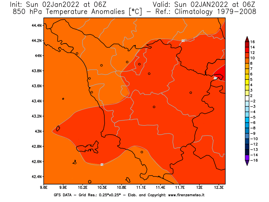 Mappa di analisi GFS - Anomalia Temperatura [°C] a 850 hPa in Toscana
							del 02/01/2022 06 <!--googleoff: index-->UTC<!--googleon: index-->