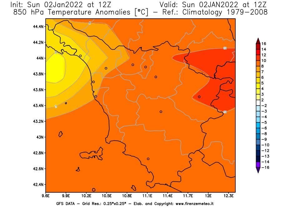 Mappa di analisi GFS - Anomalia Temperatura [°C] a 850 hPa in Toscana
							del 02/01/2022 12 <!--googleoff: index-->UTC<!--googleon: index-->