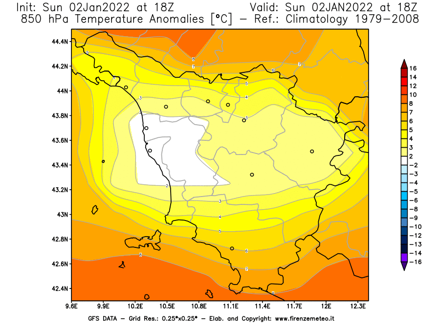 Mappa di analisi GFS - Anomalia Temperatura [°C] a 850 hPa in Toscana
							del 02/01/2022 18 <!--googleoff: index-->UTC<!--googleon: index-->