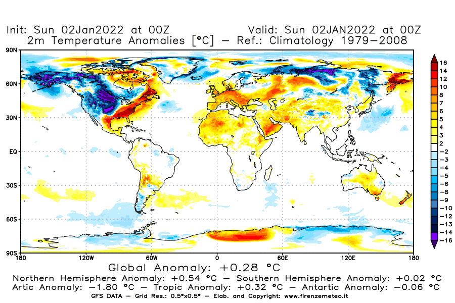 Mappa di analisi GFS - Anomalia Temperatura [°C] a 2 m in World
							del 02/01/2022 00 <!--googleoff: index-->UTC<!--googleon: index-->
