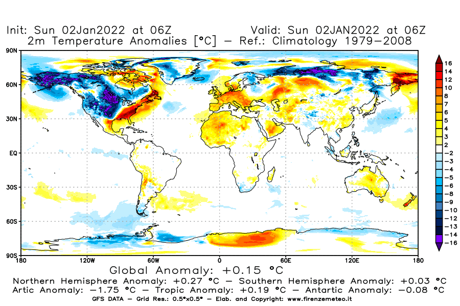 Mappa di analisi GFS - Anomalia Temperatura [°C] a 2 m in World
							del 02/01/2022 06 <!--googleoff: index-->UTC<!--googleon: index-->