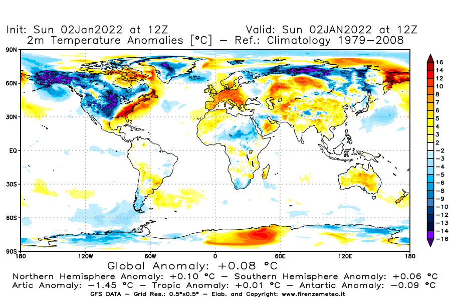 Mappa di analisi GFS - Anomalia Temperatura [°C] a 2 m in World
							del 02/01/2022 12 <!--googleoff: index-->UTC<!--googleon: index-->