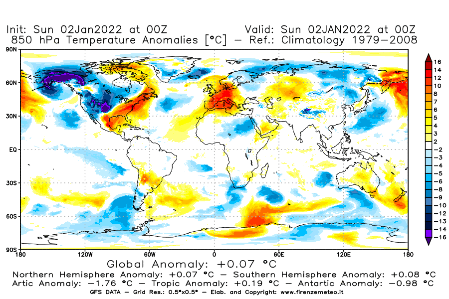 Mappa di analisi GFS - Anomalia Temperatura [°C] a 850 hPa in World
							del 02/01/2022 00 <!--googleoff: index-->UTC<!--googleon: index-->