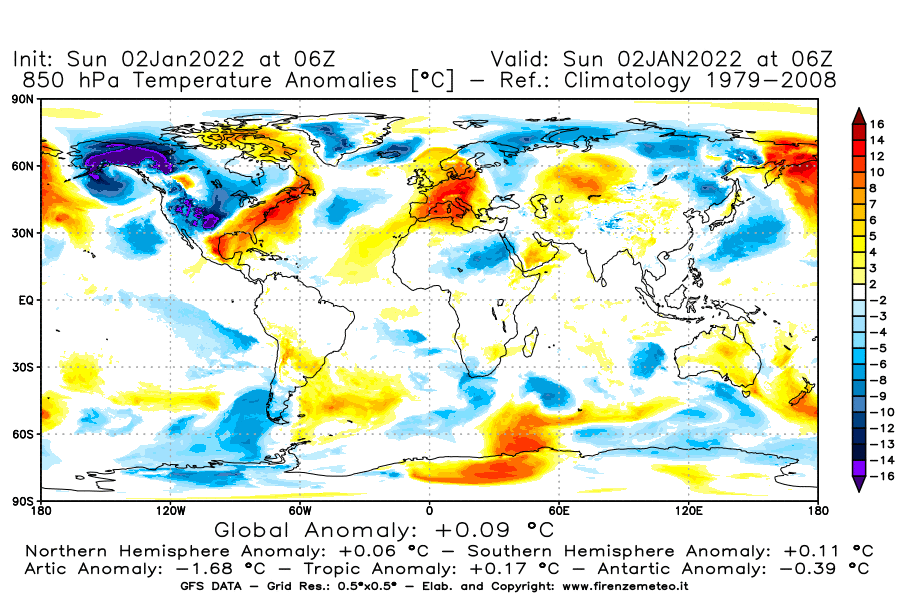 Mappa di analisi GFS - Anomalia Temperatura [°C] a 850 hPa in World
							del 02/01/2022 06 <!--googleoff: index-->UTC<!--googleon: index-->