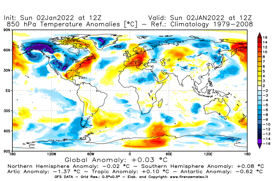 Mappa di analisi GFS - Anomalia Temperatura [°C] a 850 hPa in World
							del 02/01/2022 12 <!--googleoff: index-->UTC<!--googleon: index-->