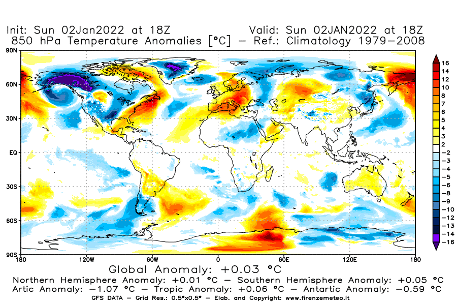 Mappa di analisi GFS - Anomalia Temperatura [°C] a 850 hPa in World
							del 02/01/2022 18 <!--googleoff: index-->UTC<!--googleon: index-->
