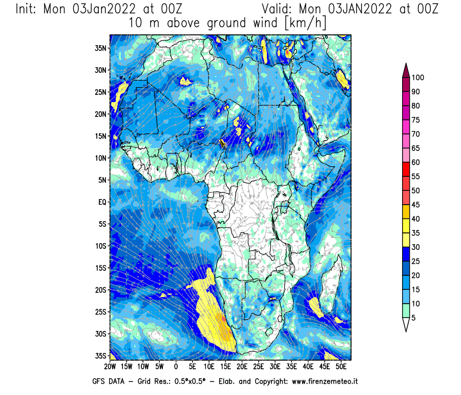 Mappa di analisi GFS - Velocità del vento a 10 metri dal suolo [km/h] in Africa
							del 03/01/2022 00 <!--googleoff: index-->UTC<!--googleon: index-->