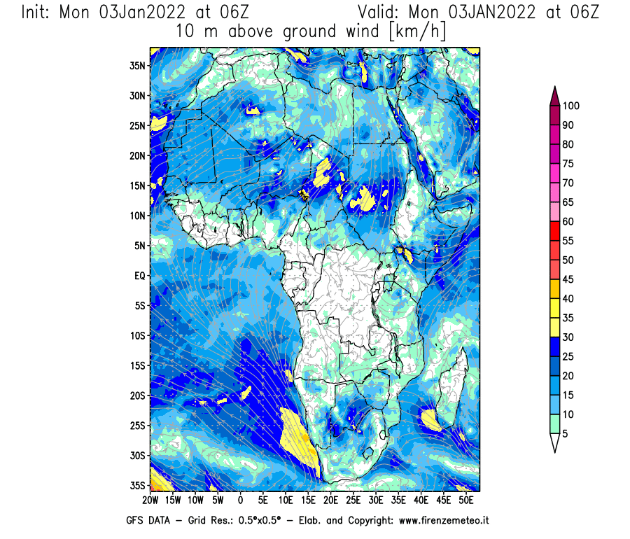 Mappa di analisi GFS - Velocità del vento a 10 metri dal suolo [km/h] in Africa
							del 03/01/2022 06 <!--googleoff: index-->UTC<!--googleon: index-->