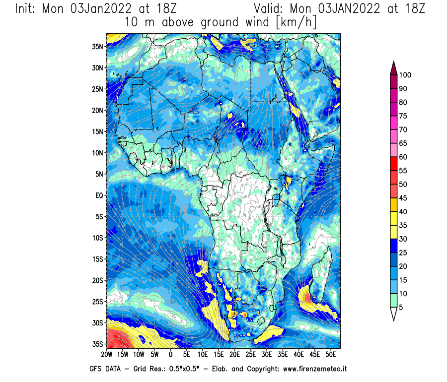 Mappa di analisi GFS - Velocità del vento a 10 metri dal suolo [km/h] in Africa
							del 03/01/2022 18 <!--googleoff: index-->UTC<!--googleon: index-->